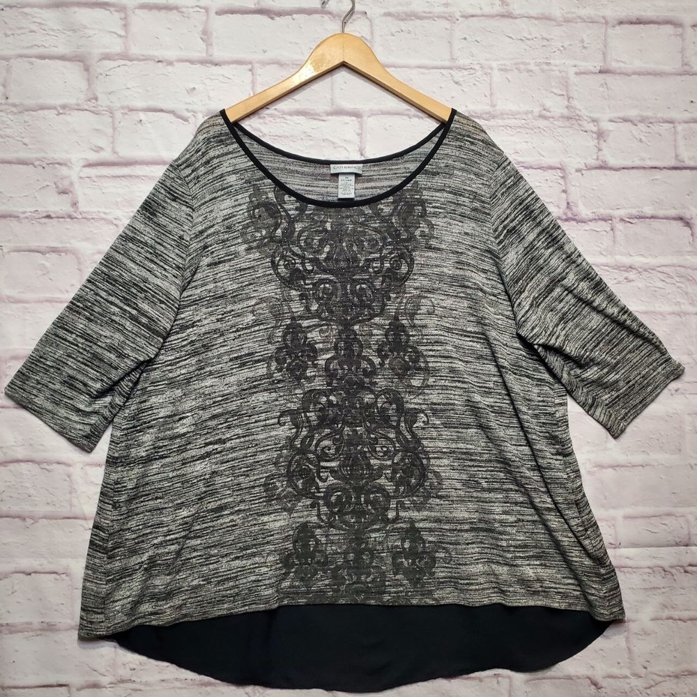 Catherines Top Womens Plus 2X Gray Black Artsy Rhinestone Embellished Split Back